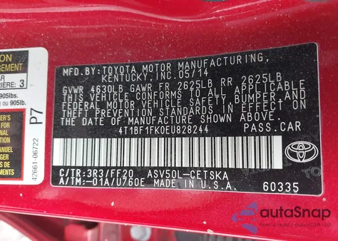 2014 Toyota Camry Se из США, поврежденный, VIN 4T1BF1FK0EU828244